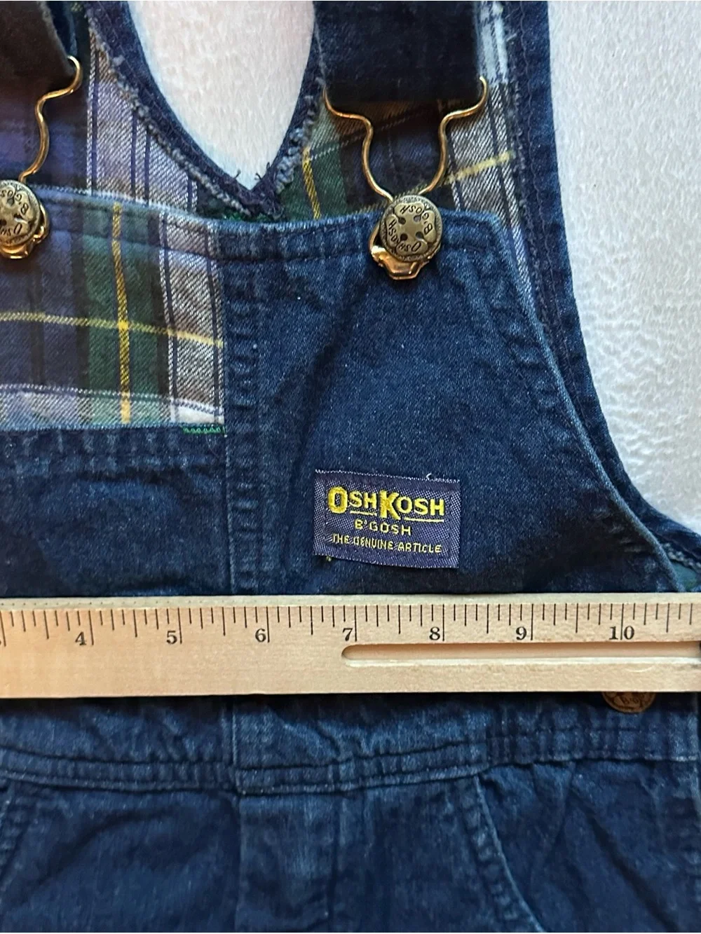 Vintage 90s OshKosh B'Gosh Denim & Plaid Bib Vestbak Overalls Kids 6 Jumper USA